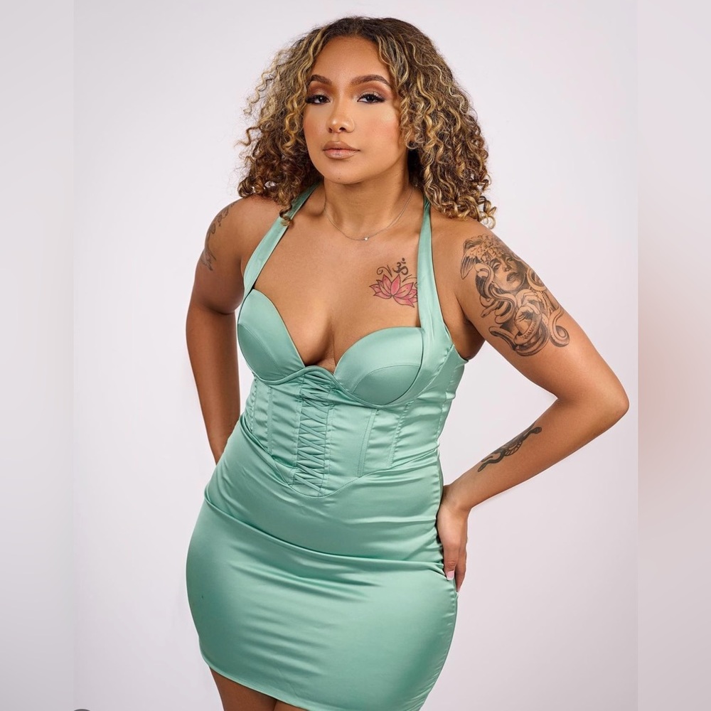 Deluxe Edition Corset Satin Mini Dress in Teal.